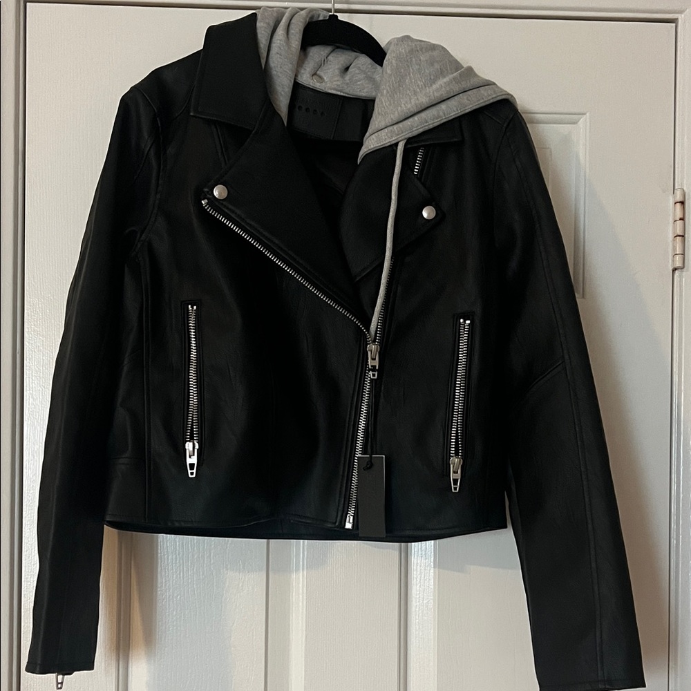 NWT BlankNYC faux leather jacket with removable jersey knit hood. Size Large.